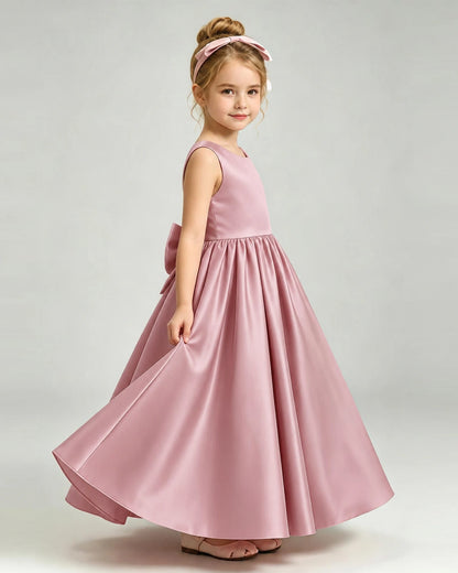 Dusty Rose Flower Girl Dress Cutout Back Oversized Satin Bow A-Line Floor-Length Gown Side Full View