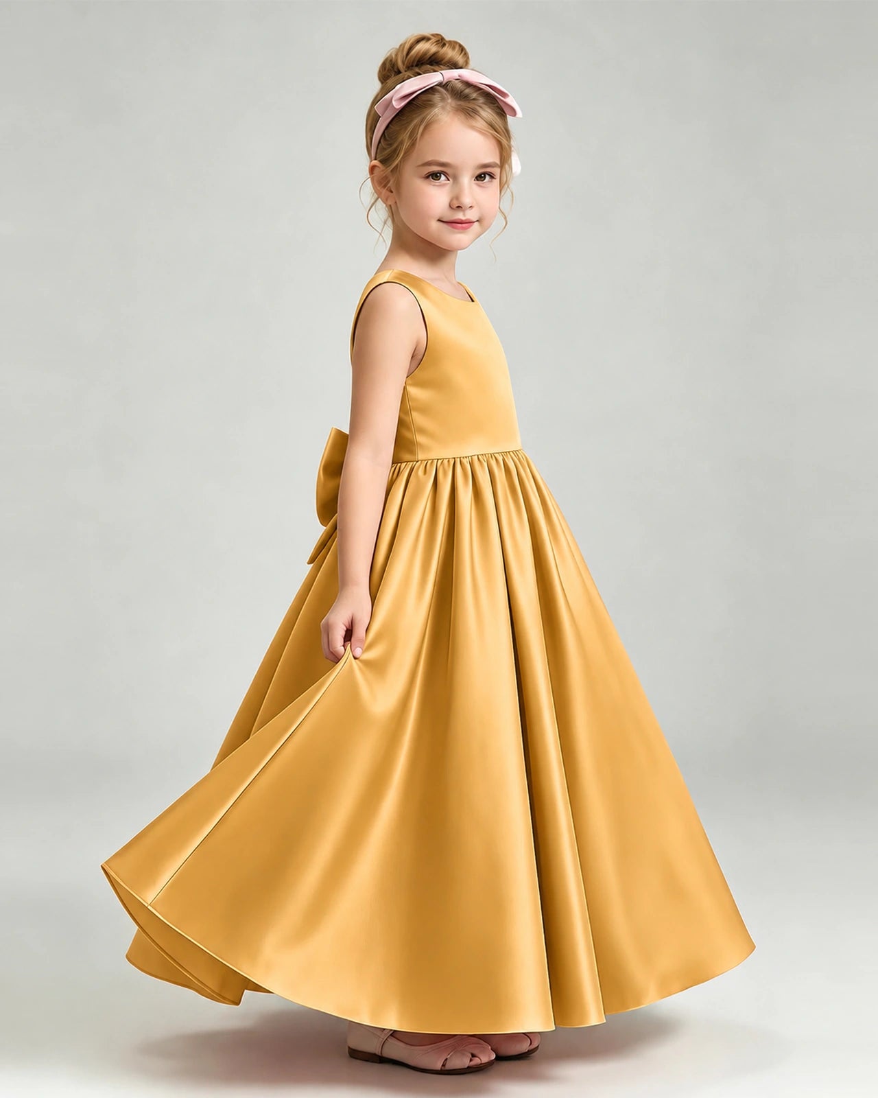 Gold Flower Girl Dress Cutout Back Oversized Satin Bow A-Line Floor-Length Gown Side Full View
