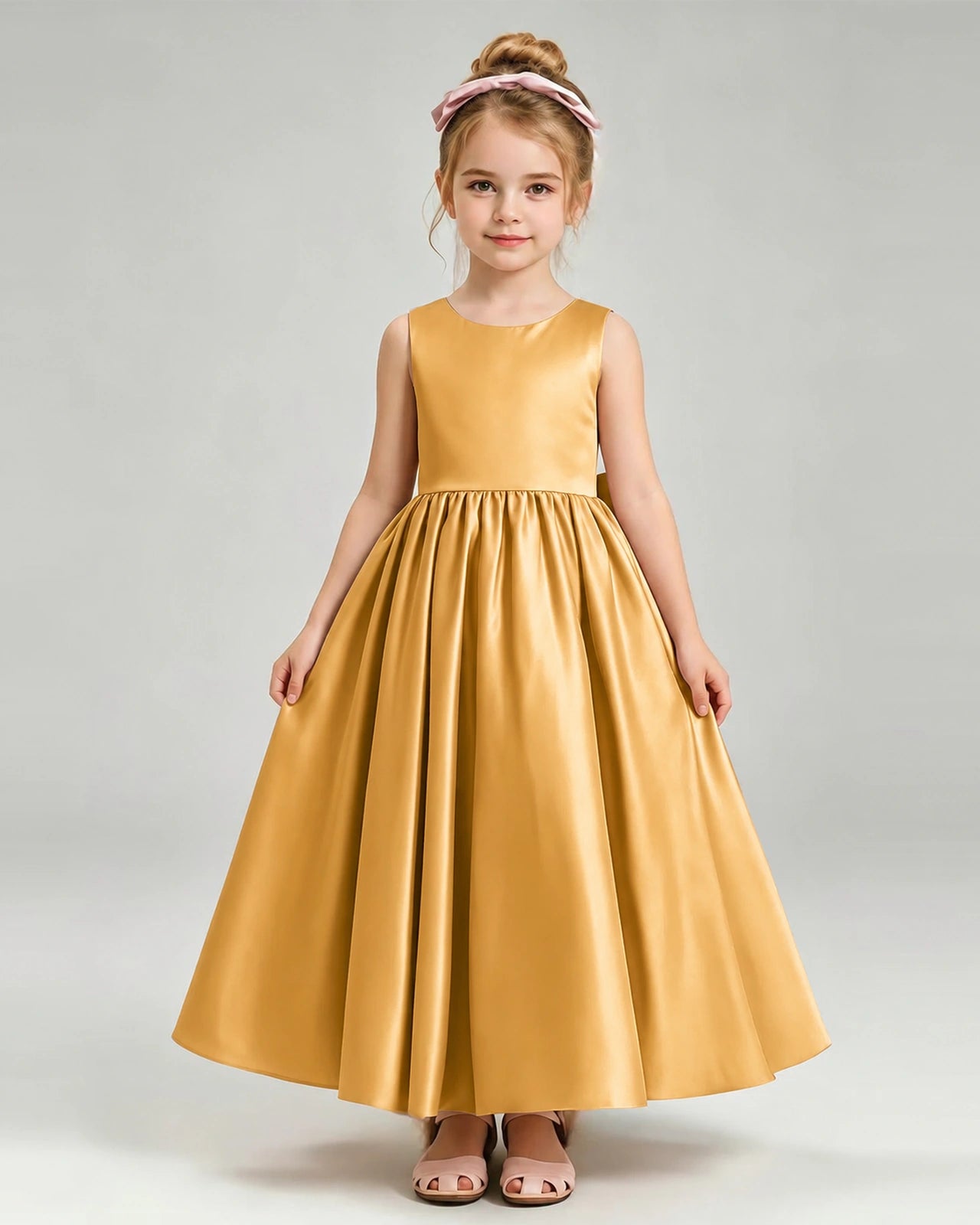 Gold Flower Girl Dress Cutout Back Oversized Satin Bow A-Line Floor-Length Gown Front Full View