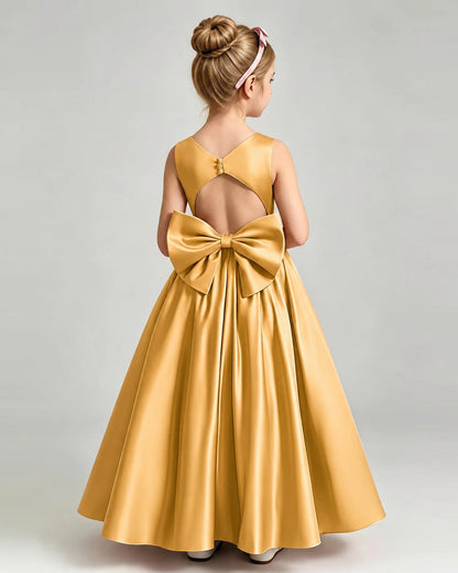 Gold Flower Girl Dress Cutout Back Oversized Satin Bow A-Line Floor-Length Gown Back Full View