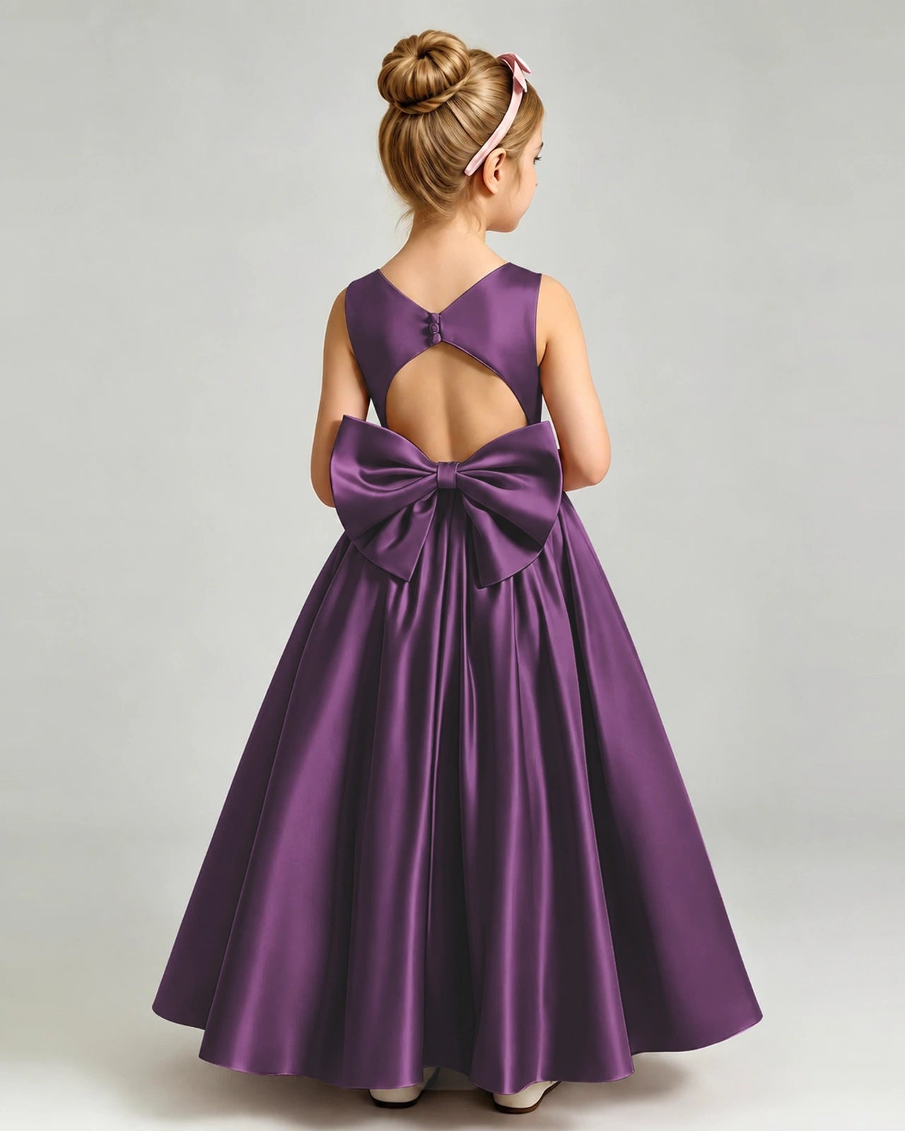 Grape Flower Girl Dress Cutout Back Oversized Satin Bow A-Line Floor-Length Gown Back Full View
