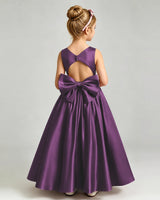Grape Satin A-line Flower Girl Dress Back View