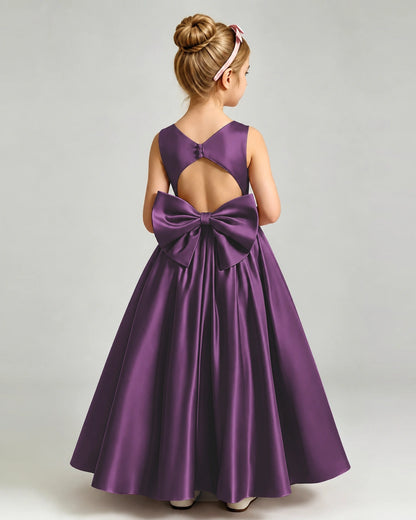 Grape Flower Girl Dress Cutout Back Oversized Satin Bow A-Line Floor-Length Gown Back Full View