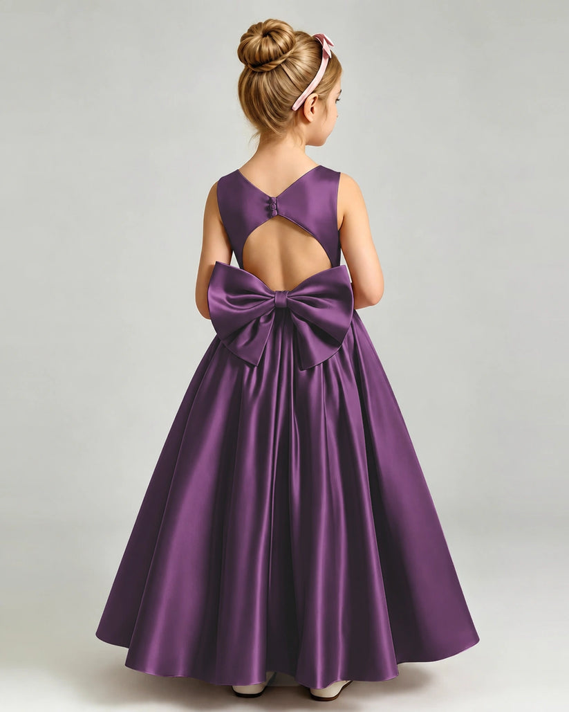 Grape Satin A-line Flower Girl Dress Back View