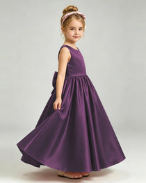 Grape Flower Girl Dress Cutout Back Oversized Satin Bow A-Line Floor-Length Gown Side Full View