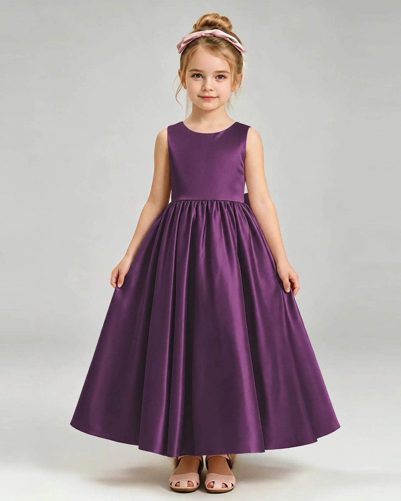 Grape Flower Girl Dress Cutout Back Oversized Satin Bow A-Line Floor-Length Gown Front Full View