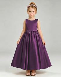 Grape Flower Girl Dress Cutout Back Oversized Satin Bow A-Line Floor-Length Gown Front Full View