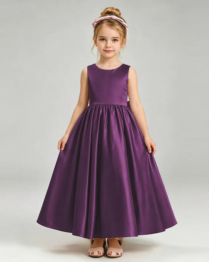 Grape Flower Girl Dress Cutout Back Oversized Satin Bow A-Line Floor-Length Gown Front Full View