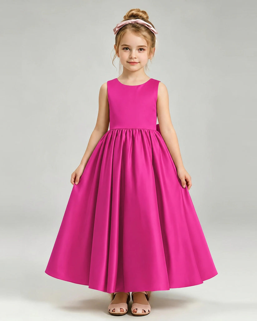 Hot Pink Satin A-line Flower Girl Dress Front View