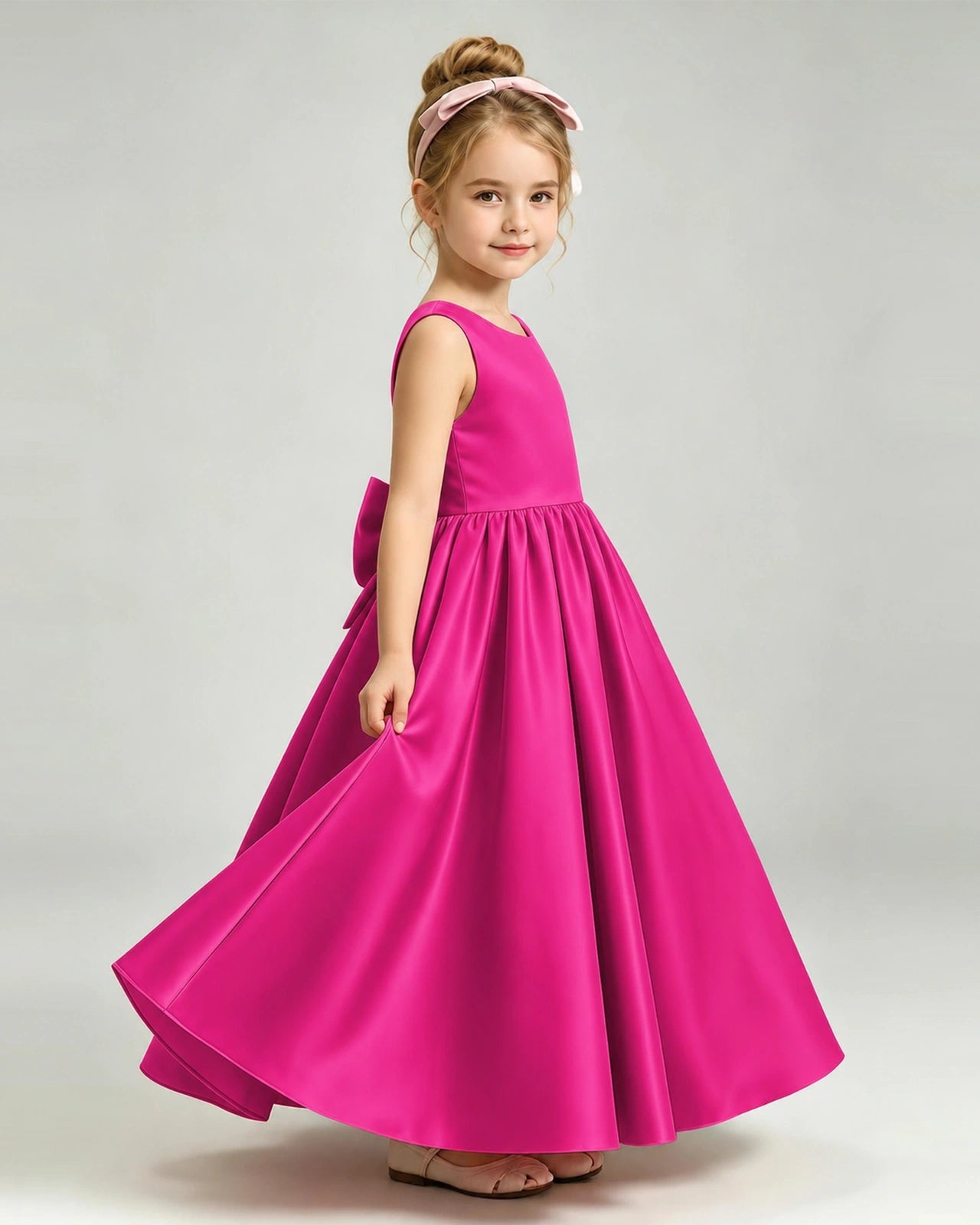 Hot Pink Flower Girl Dress Cutout Back Oversized Satin Bow A-Line Floor-Length Gown Side Full View 