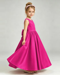 Hot Pink Flower Girl Dress Cutout Back Oversized Satin Bow A-Line Floor-Length Gown Side Full View 