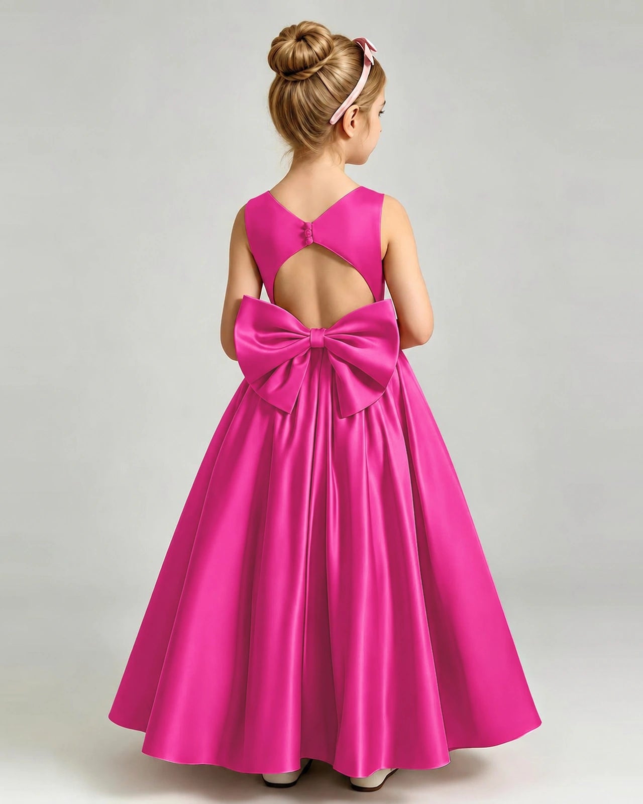 Hot Pink Flower Girl Dress Cutout Back Oversized Satin Bow A-Line Floor-Length Gown Back Full View 