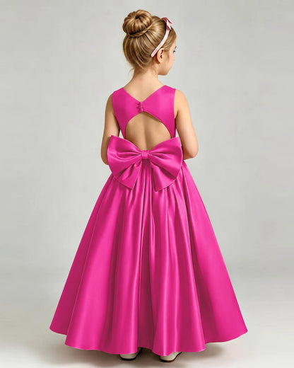 Hot Pink Flower Girl Dress Cutout Back Oversized Satin Bow A-Line Floor-Length Gown Back Full View 