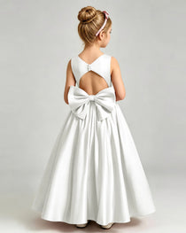 Ivory Flower Girl Dress Cutout Back Oversized Satin Bow A-Line Floor-Length Gown Back Full View 
