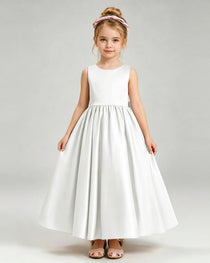 Ivory Flower Girl Dress Cutout Back Oversized Satin Bow A-Line Floor-Length Gown Front Full View 