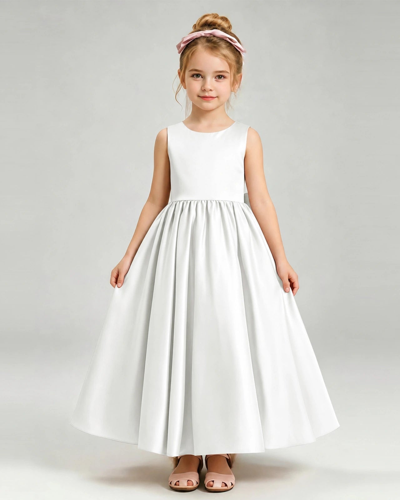 Ivory Flower Girl Dress Cutout Back Oversized Satin Bow A-Line Floor-Length Gown Front Full View 