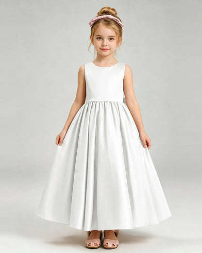Ivory Flower Girl Dress Cutout Back Oversized Satin Bow A-Line Floor-Length Gown Front Full View 