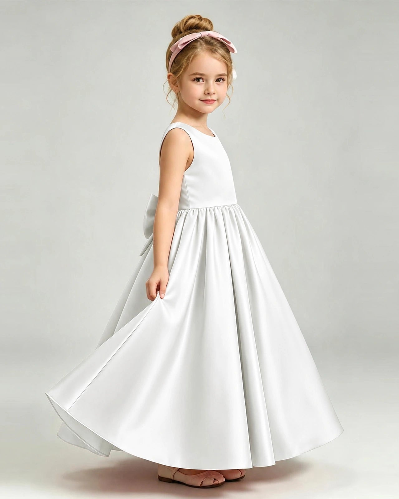 Ivory Flower Girl Dress Cutout Back Oversized Satin Bow A-Line Floor-Length Gown Side Full View 