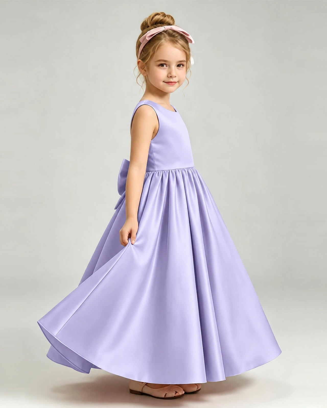 Lavender Flower Girl Dress Cutout Back Oversized Satin Bow A-Line Floor-Length Gown Side Full View 