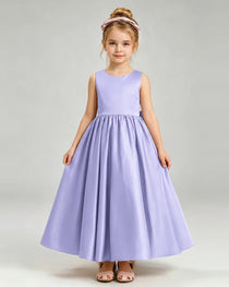 Lavender Flower Girl Dress Cutout Back Oversized Satin Bow A-Line Floor-Length Gown Front Full View 