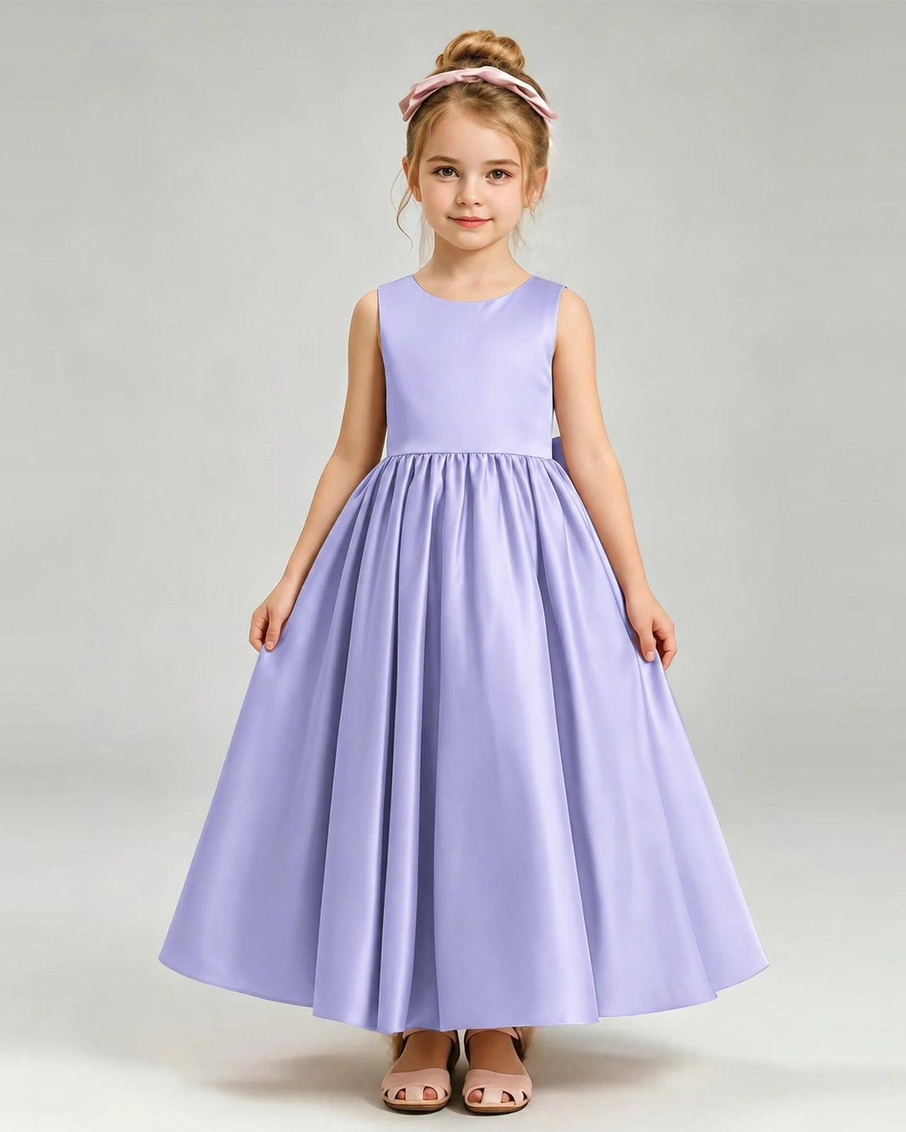 Lavender Flower Girl Dress Cutout Back Oversized Satin Bow A-Line Floor-Length Gown Front Full View 