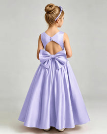 Lavender Flower Girl Dress Cutout Back Oversized Satin Bow A-Line Floor-Length Gown Back Full View 