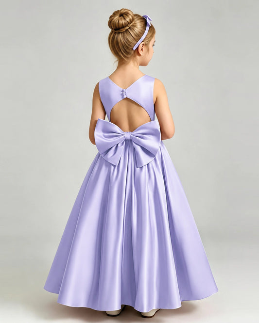 Lavender Satin A-line Flower Girl Dress Back View