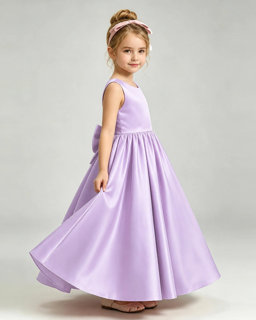 Lilac Satin A-line Flower Girl Dress Side View