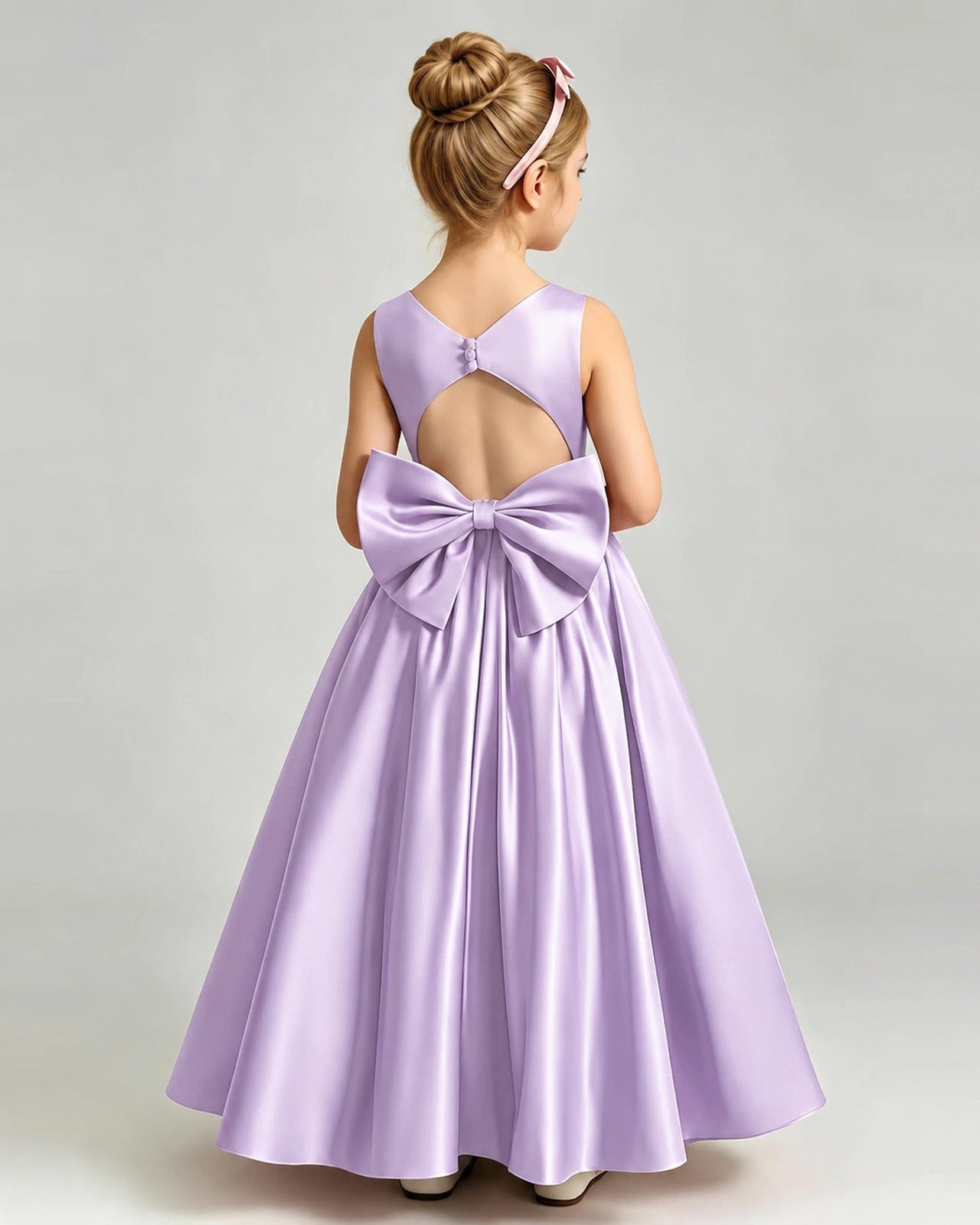 Lilac Flower Girl Dress Cutout Back Oversized Satin Bow A-Line Floor-Length Gown Back Full View 