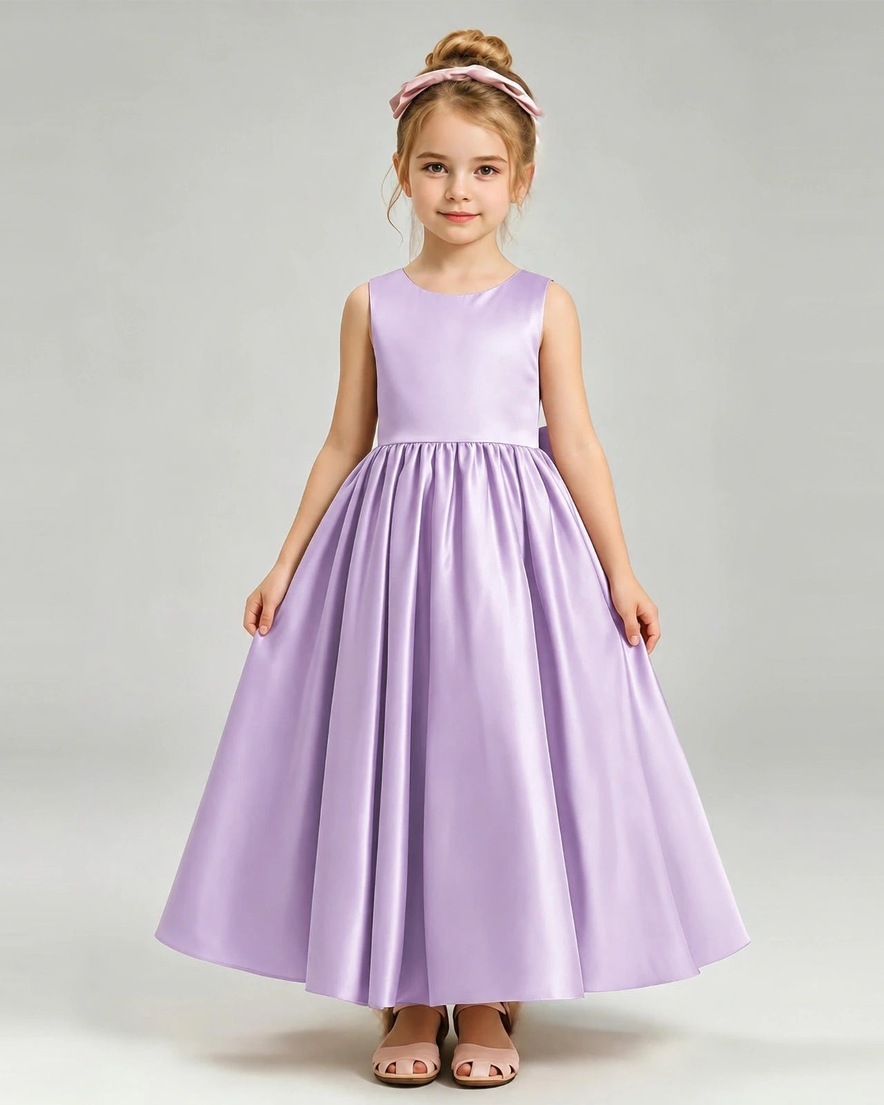 Lilac Flower Girl Dress Cutout Back Oversized Satin Bow A-Line Floor-Length Gown Front Full View 