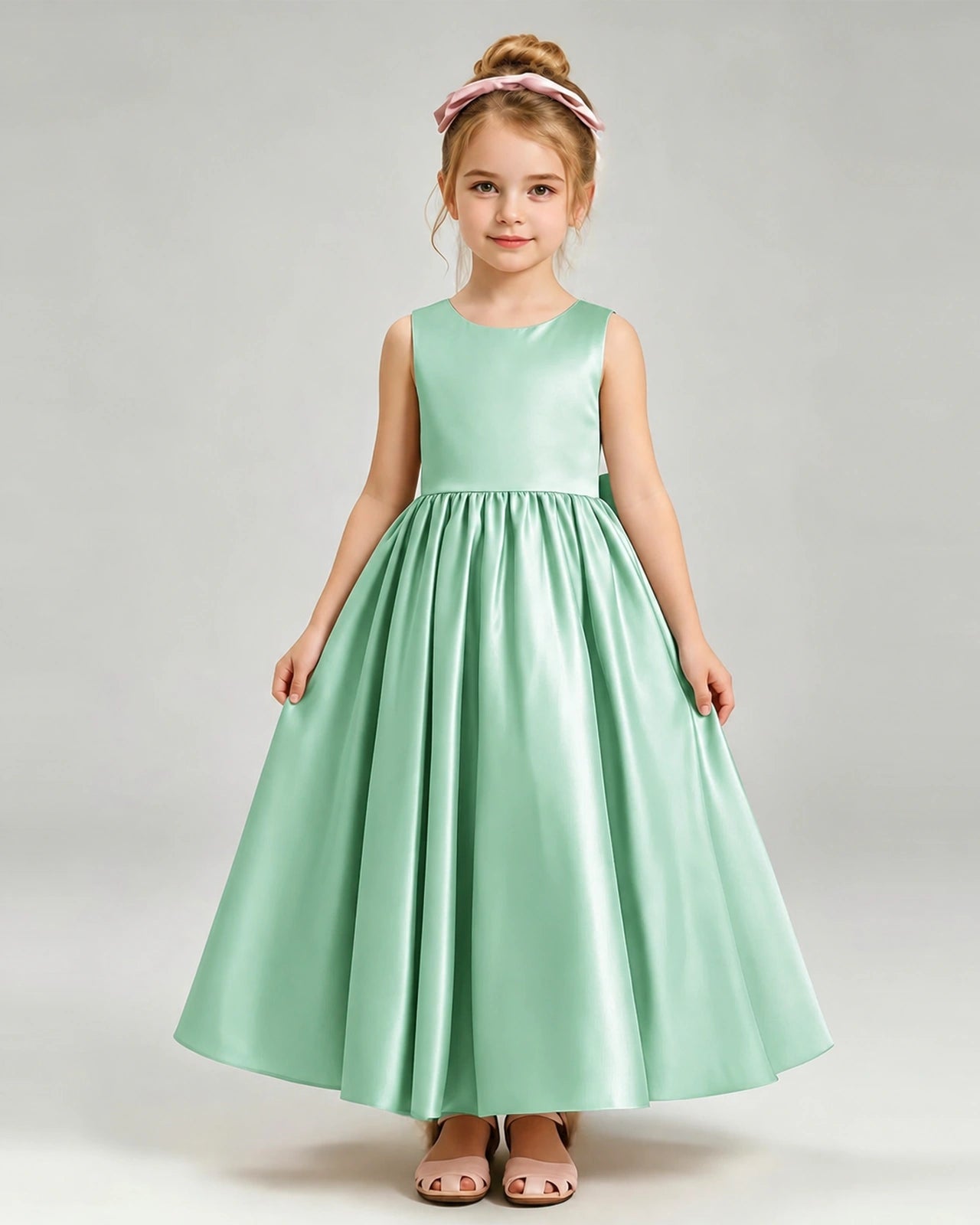 Mint Green Flower Girl Dress Cutout Back Oversized Satin Bow A-Line Floor-Length Gown Front Full View 