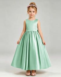 Mint Green Flower Girl Dress Cutout Back Oversized Satin Bow A-Line Floor-Length Gown Front Full View 