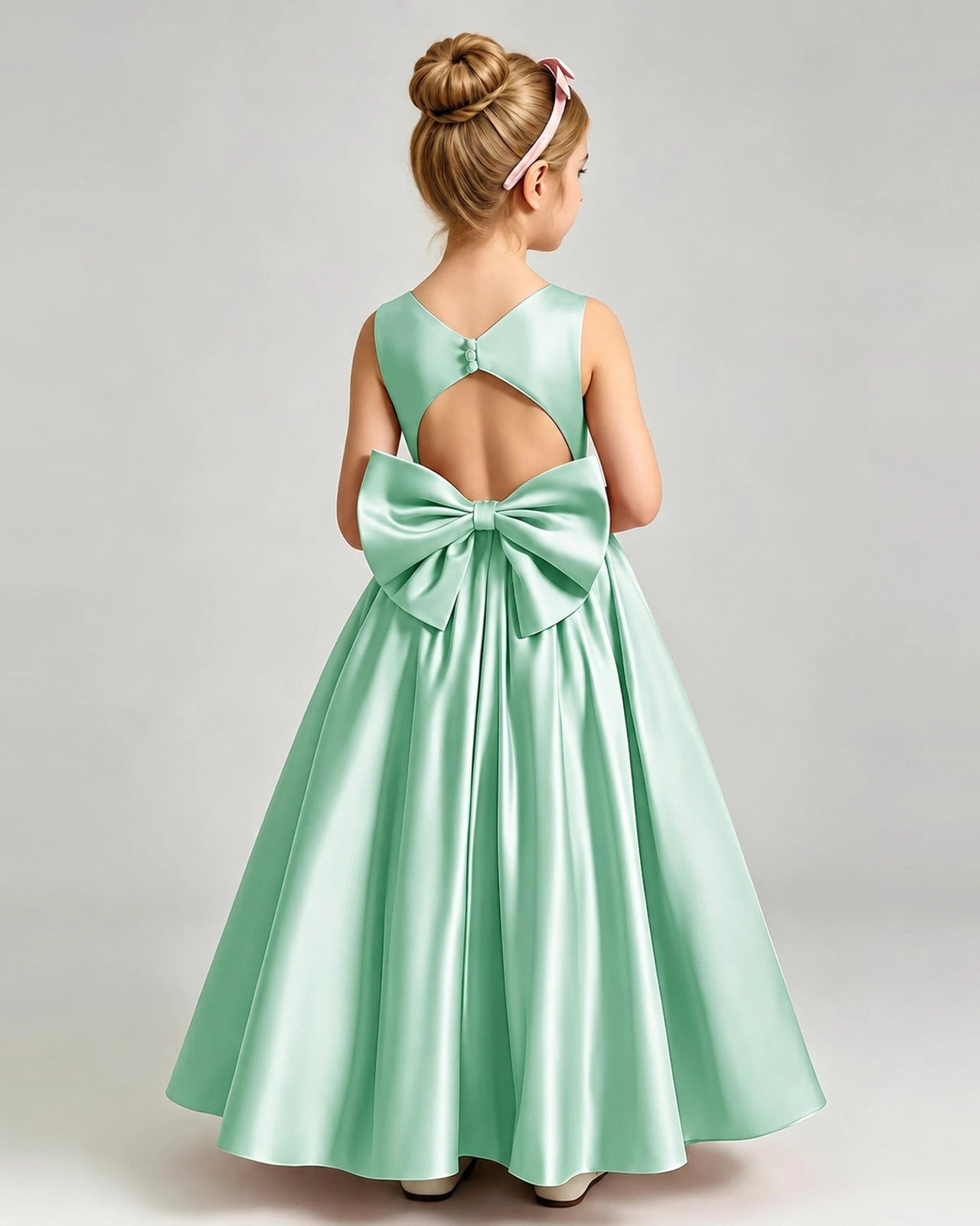 Mint Green Flower Girl Dress Cutout Back Oversized Satin Bow A-Line Floor-Length Gown Back Full View 