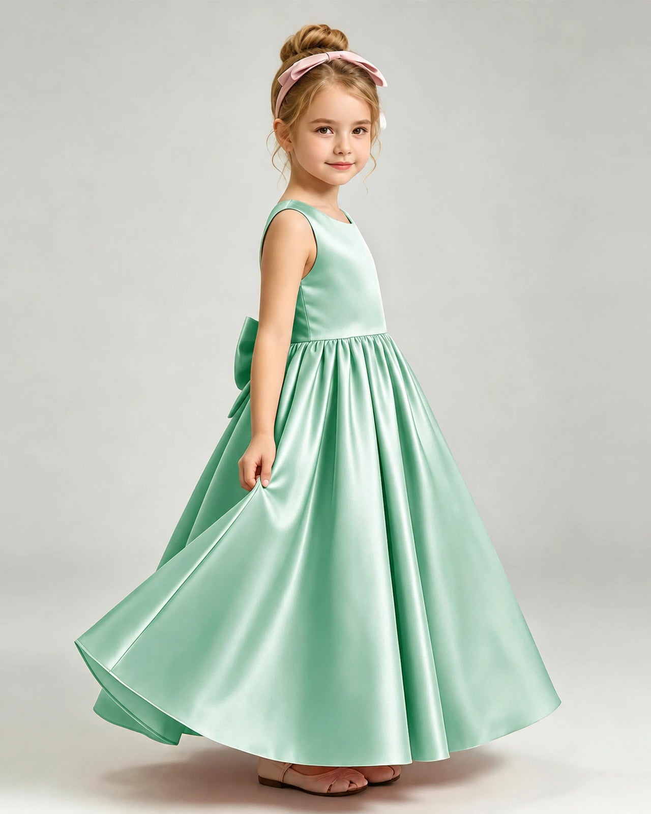Mint Green Flower Girl Dress Cutout Back Oversized Satin Bow A-Line Floor-Length Gown Side Full View 