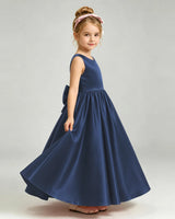 Navy Blue Satin A-line Flower Girl Dress Side View