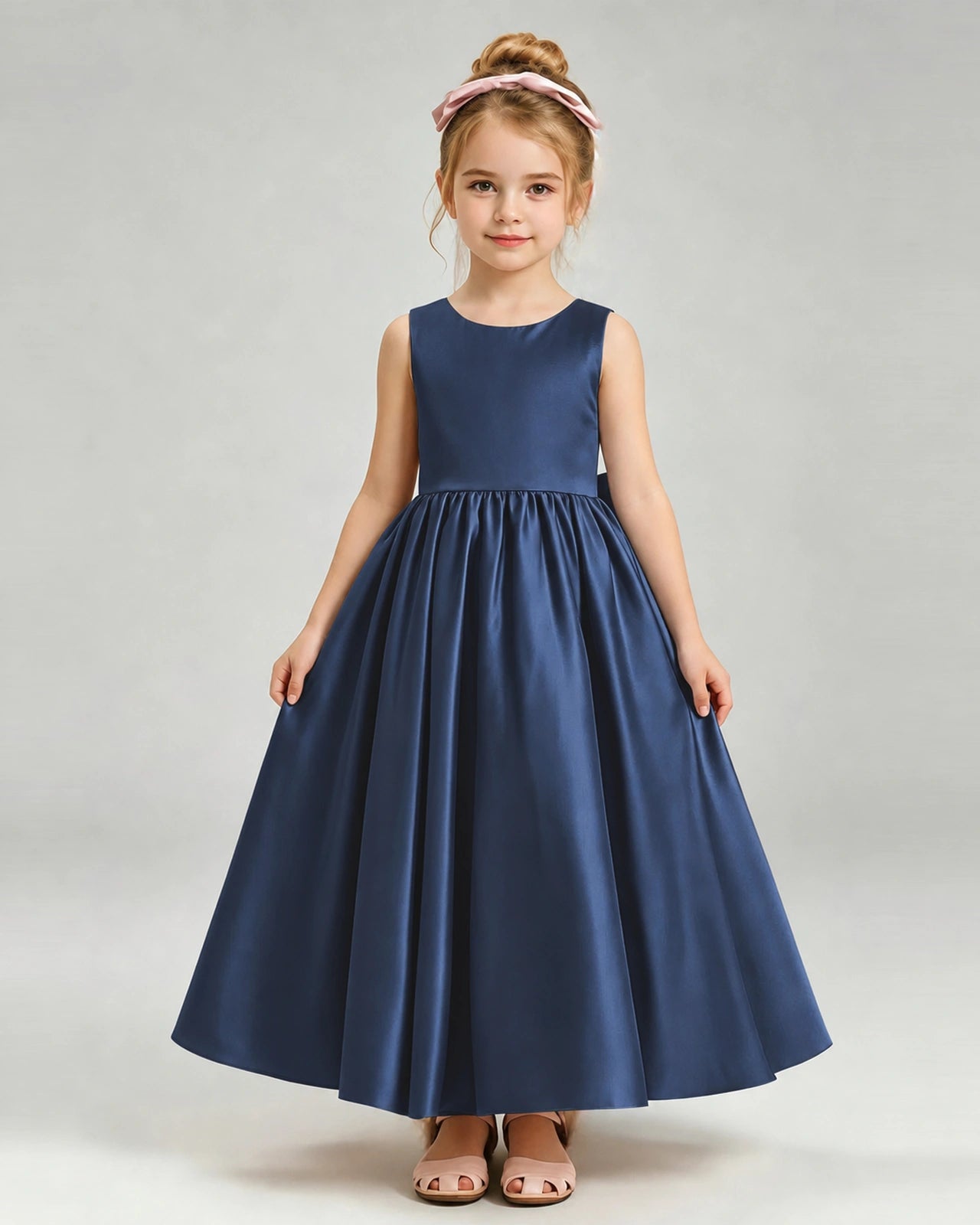 Navy Blue Flower Girl Dress Cutout Back Oversized Satin Bow A-Line Floor-Length Gown Front Full View 