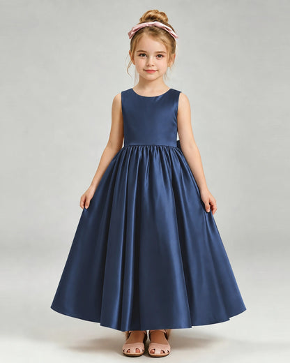 Navy Blue Flower Girl Dress Cutout Back Oversized Satin Bow A-Line Floor-Length Gown Front Full View 