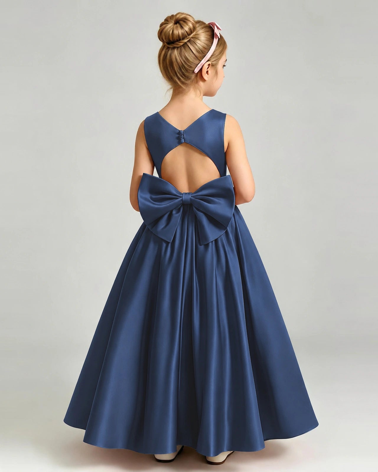 Navy Blue Flower Girl Dress Cutout Back Oversized Satin Bow A-Line Floor-Length Gown Back Full View 