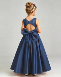 Navy Blue Flower Girl Dress Cutout Back Oversized Satin Bow A-Line Floor-Length Gown Back Full View 