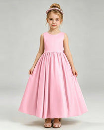 Pink Flower Girl Dress Cutout Back Oversized Satin Bow A-Line Floor-Length Gown Front Full View 