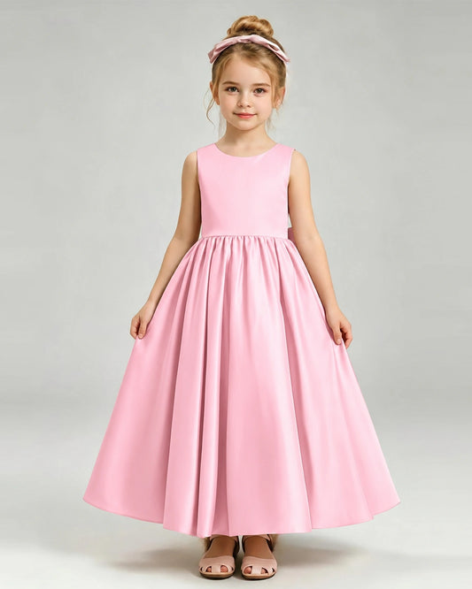 Pink Satin A-line Flower Girl Dress Front View