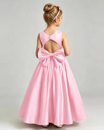 Pink Flower Girl Dress Cutout Back Oversized Satin Bow A-Line Floor-Length Gown Back Full View 