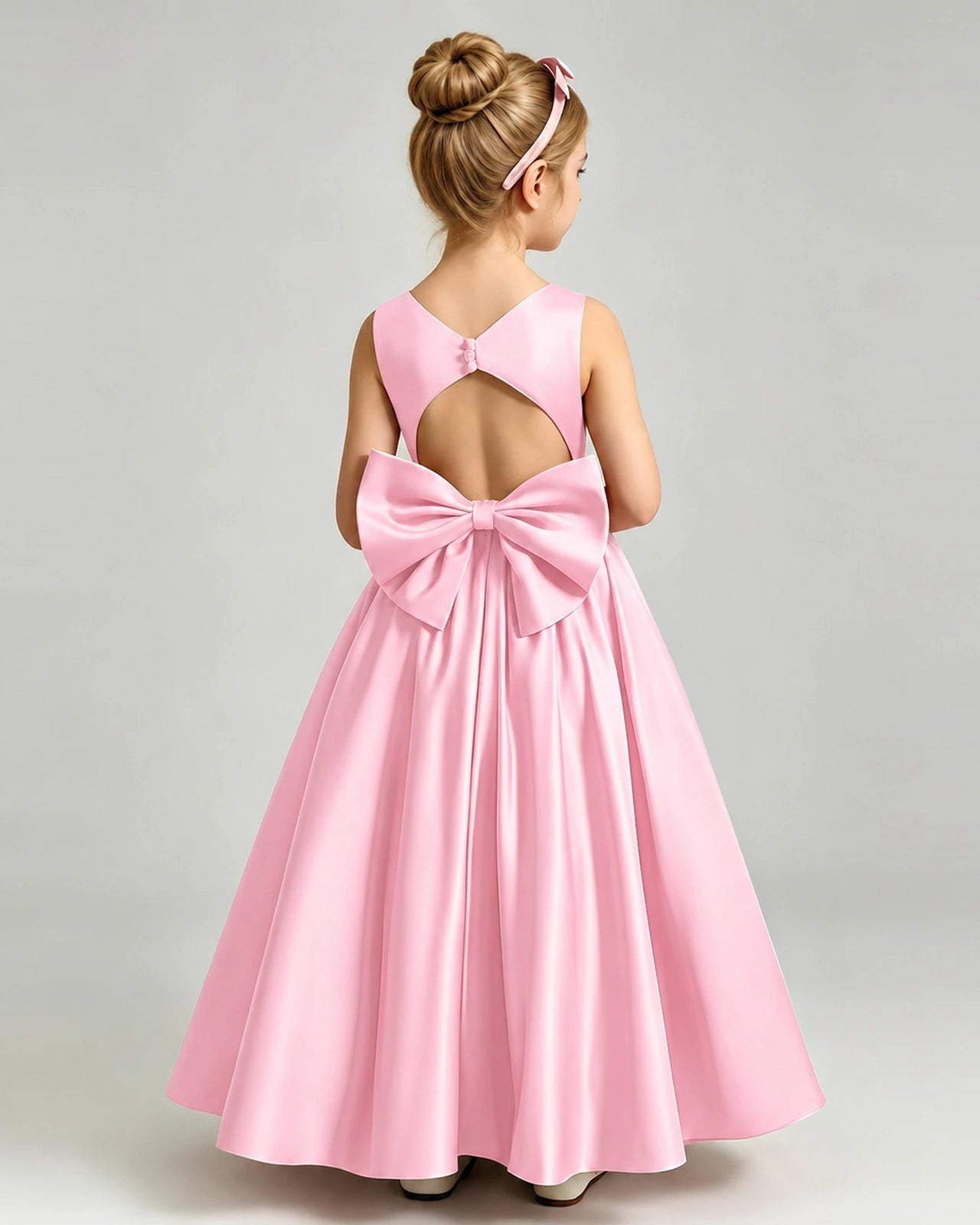 Pink Flower Girl Dress Cutout Back Oversized Satin Bow A-Line Floor-Length Gown Back Full View 