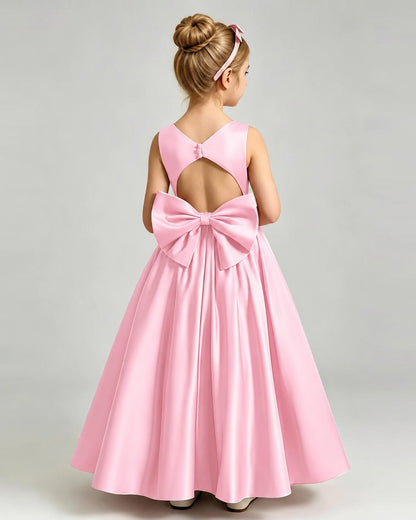 Pink Flower Girl Dress Cutout Back Oversized Satin Bow A-Line Floor-Length Gown Back Full View 