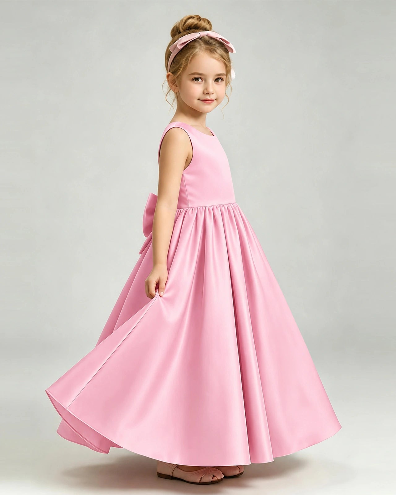 Pink Flower Girl Dress Cutout Back Oversized Satin Bow A-Line Floor-Length Gown Side Full View 