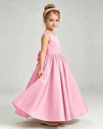 Pink Flower Girl Dress Cutout Back Oversized Satin Bow A-Line Floor-Length Gown Side Full View 