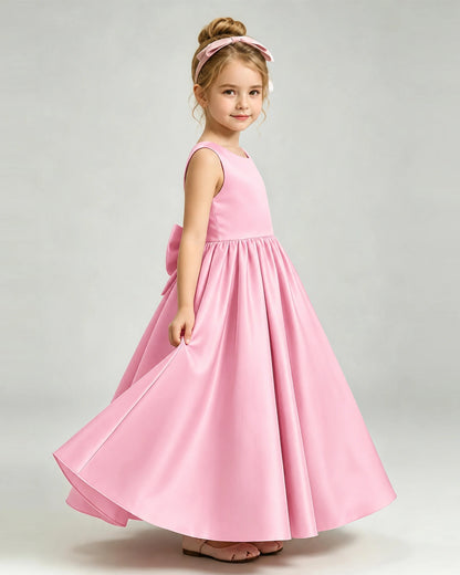 Pink Flower Girl Dress Cutout Back Oversized Satin Bow A-Line Floor-Length Gown Side Full View 