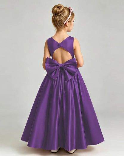 Purple Flower Girl Dress Cutout Back Oversized Satin Bow A-Line Floor-Length Gown Back Full View 