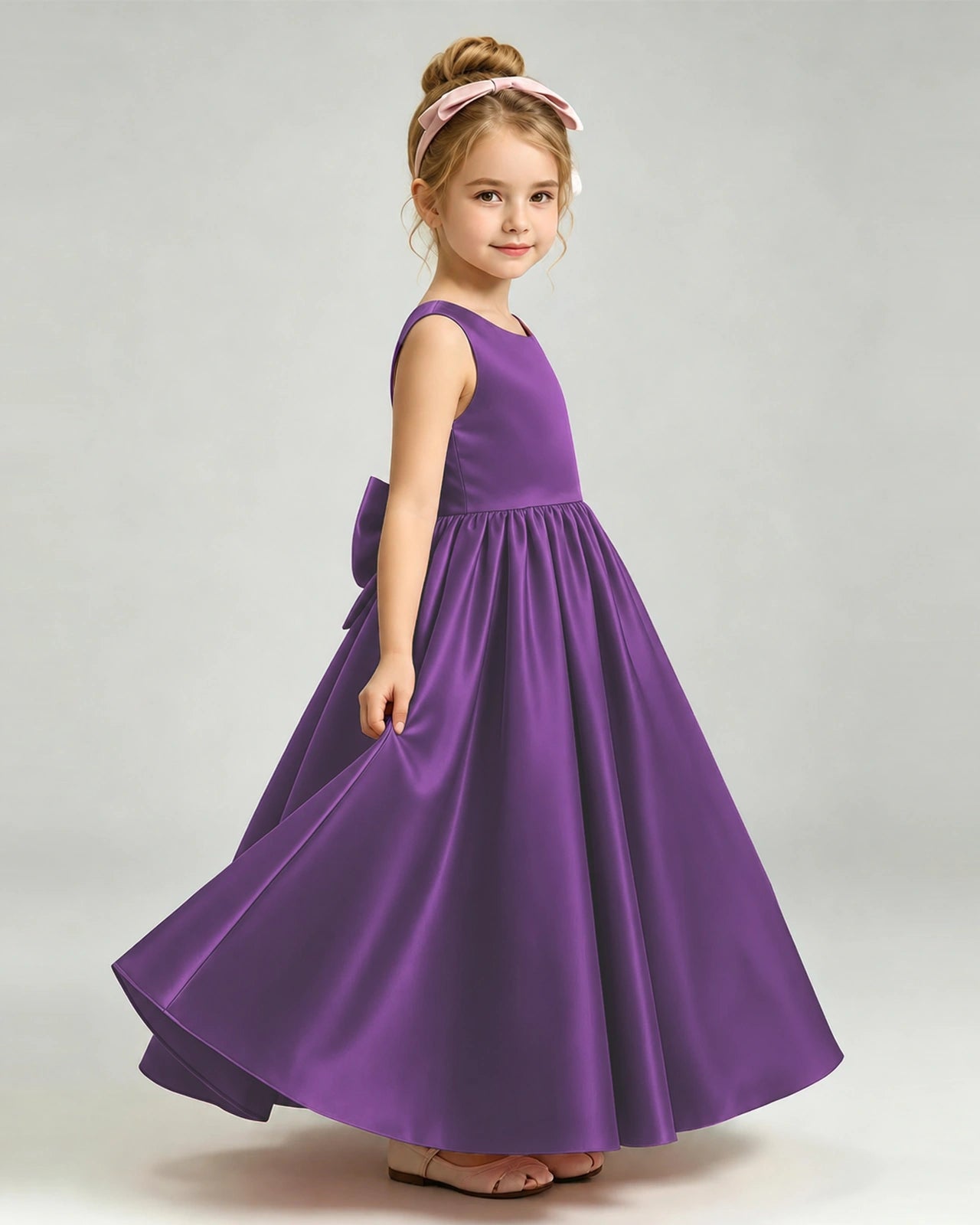 Purple Flower Girl Dress Cutout Back Oversized Satin Bow A-Line Floor-Length Gown Side Full View 