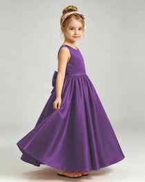 Purple Flower Girl Dress Cutout Back Oversized Satin Bow A-Line Floor-Length Gown Side Full View 